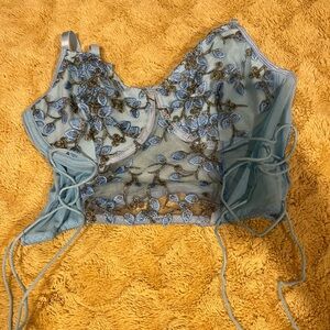 Blue Embroidered Mesh Corset Top